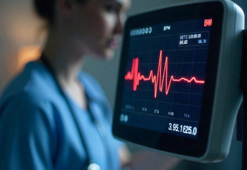 A nurse in blue scrubs is observing a heart monitor displaying red ECG waves. The scene conveys a clinical and focused atmosphere.