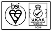 Black-and-white certification graphic showing the BSI logo beside the UKAS quality management systems symbol, certified to ISO 9001:2015.