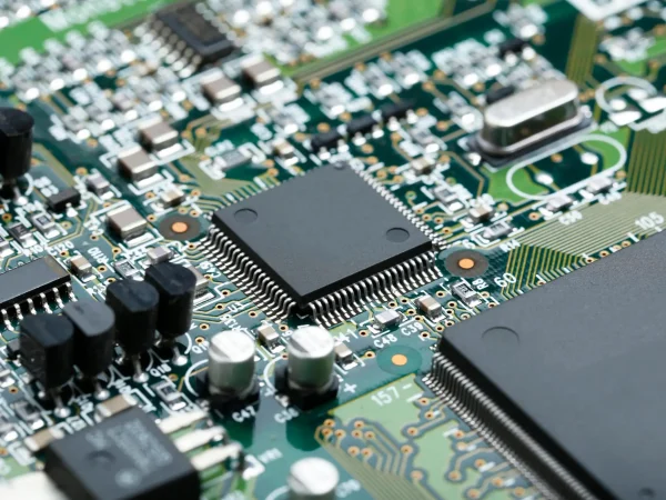 Closeup of electronic circuit board with CPU microchip electronic components background