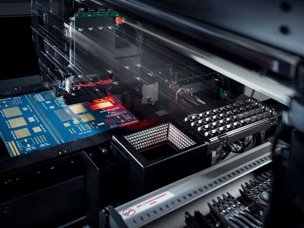 Close-up of a high-resolution X-ray electronic inspection machine, featuring a blue PCB with intricate gold patterns and glowing red lights, evoking precision.
