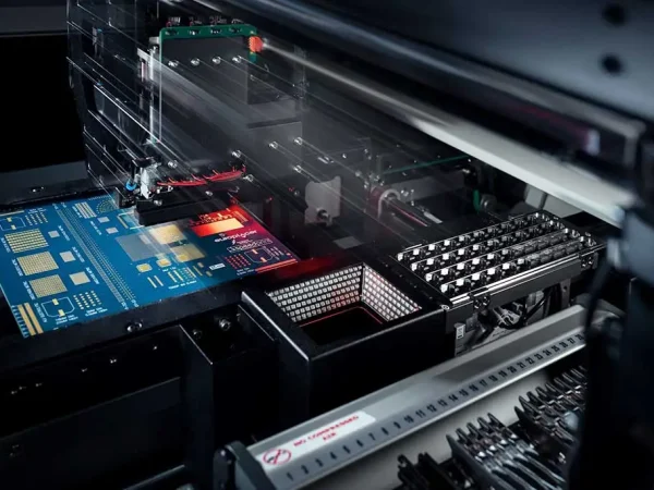 A high-tech automated iineo pulsar machine assembling a blue printed circuit board, with precise mechanical arms and glowing lights, conveying innovation and precision.