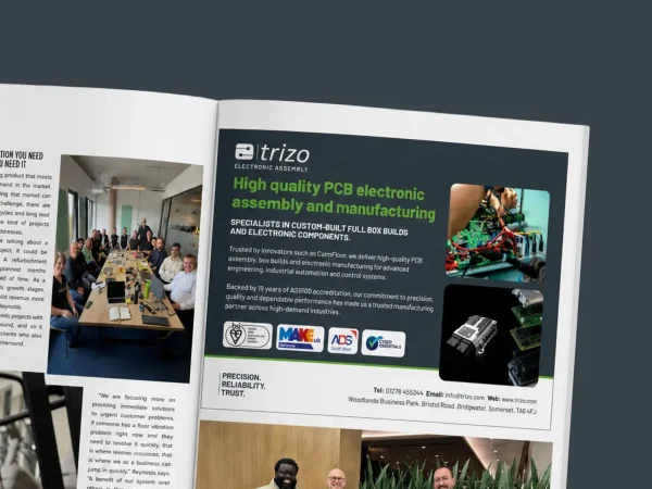 a zoomed in section of a business editorial with a grey background. the editorial shows information about calmfloor, with a Trizo feature in the top right corner
